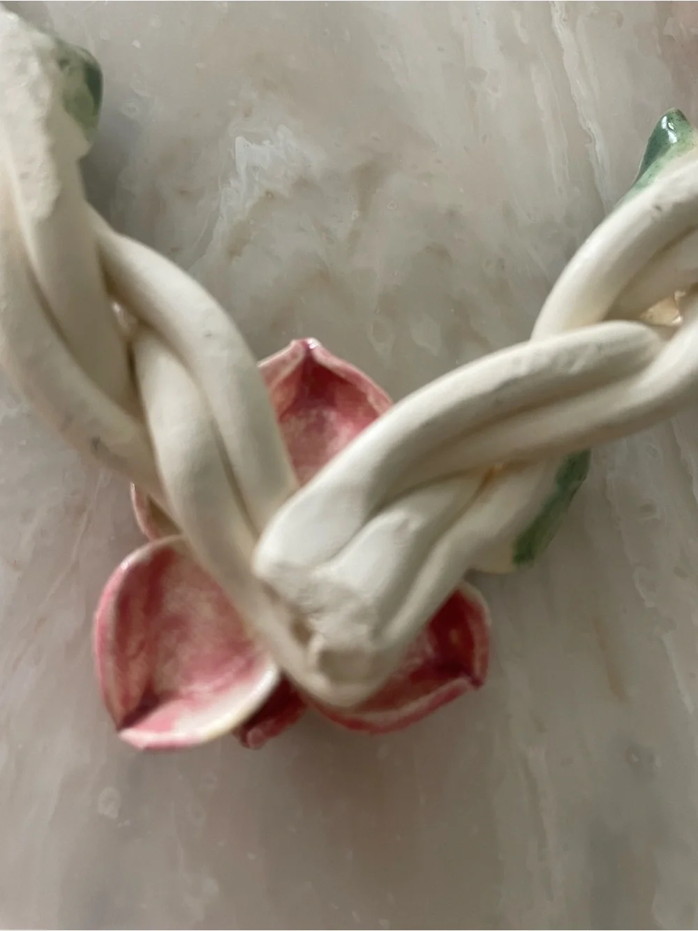 Pottery Ceramic Braided Heart Lily Pink Flowers Green Leaves Ribbon Hanging